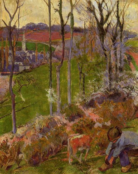 Petit Breton arranging his shoe, or Landscape at Pont-Aven, Brittany
