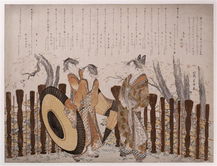 Oiran and two Shinzô admiring, cherry blossoms of Nakanochô