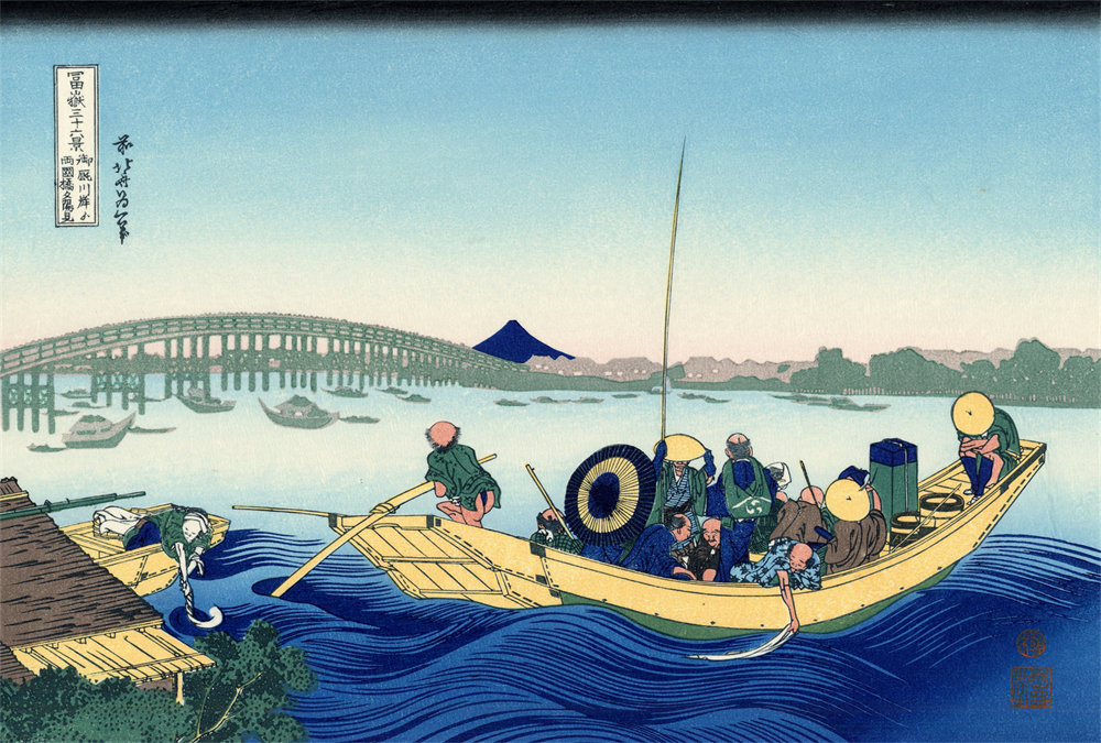 Sunset across the Ryogoku bridge from the bank of the Sumida river at Onmaya-gashi 御廄川岸见两国桥夕阳