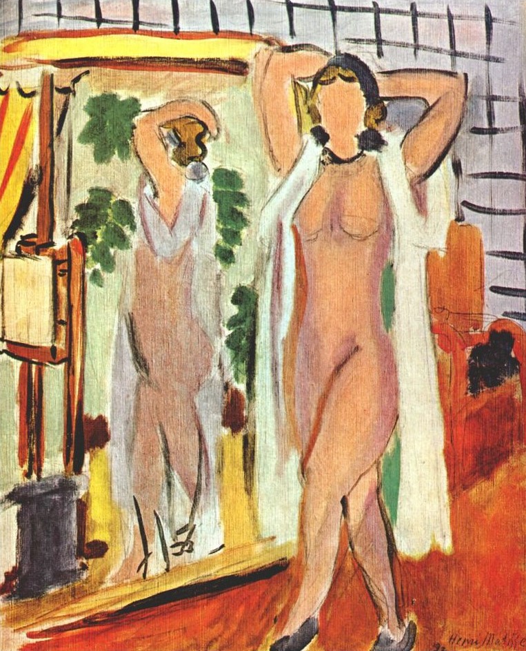 Nude in White Peignoir Standing by Mirror