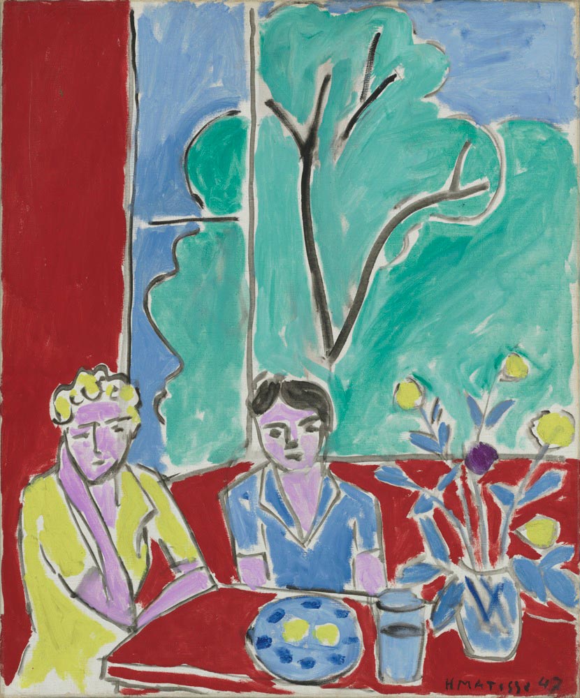 Two Girls, Red and Green Background