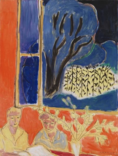 Two Young Girls in a Coral Interior, Blue Garden
