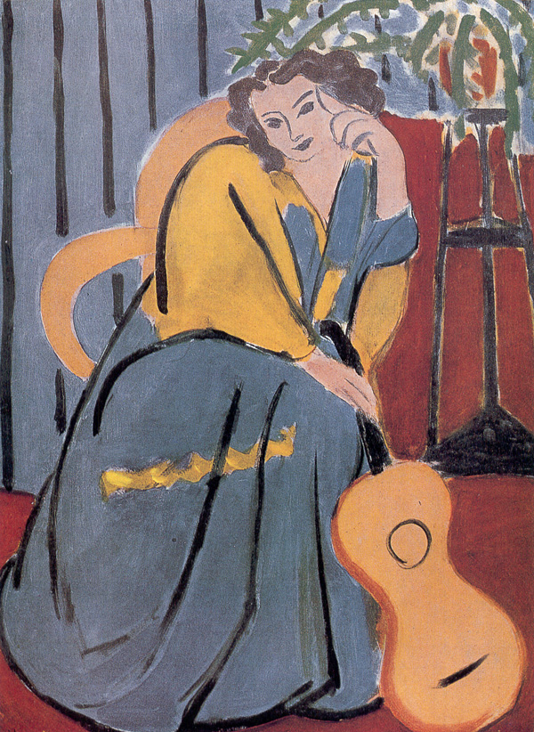 Woman in Yellow and Blue with a Guitar