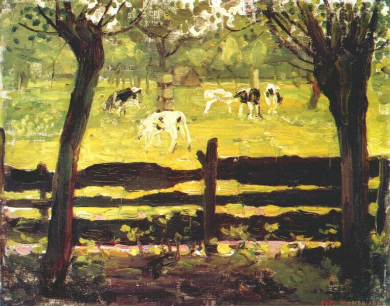 Calves in a Field Bordered by Willow Trees