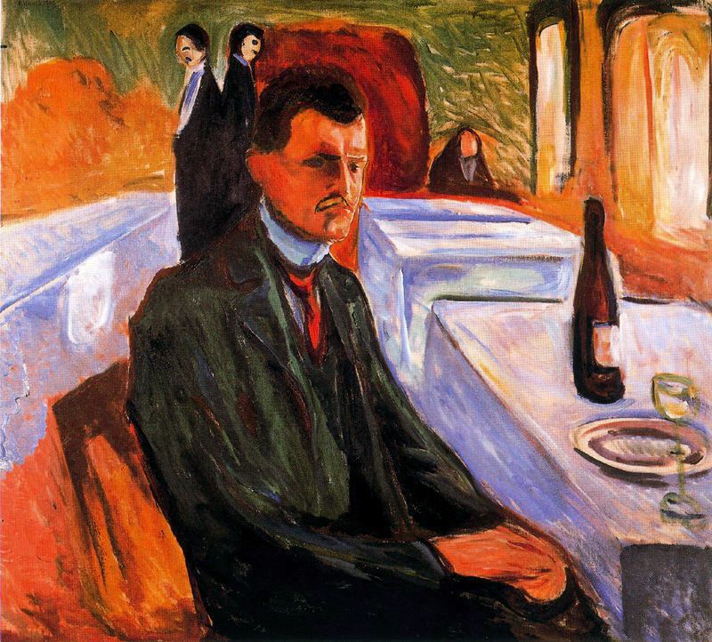 Self-portrait with bottle of wine