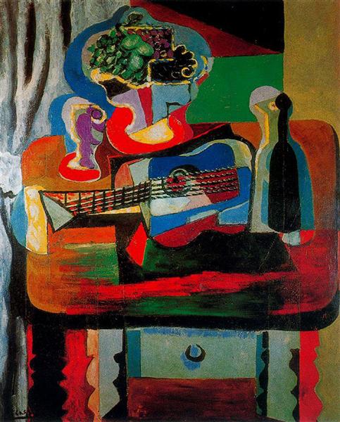 Guitar, bottle, fruit dish and glass on the table