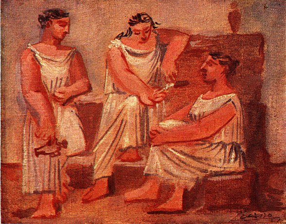 Three women at a fountain