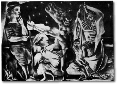 Blind Minotaur is guided by girl through the night