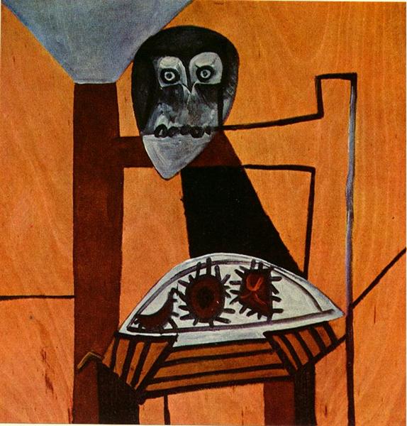 Owl on a chair and sea urchins