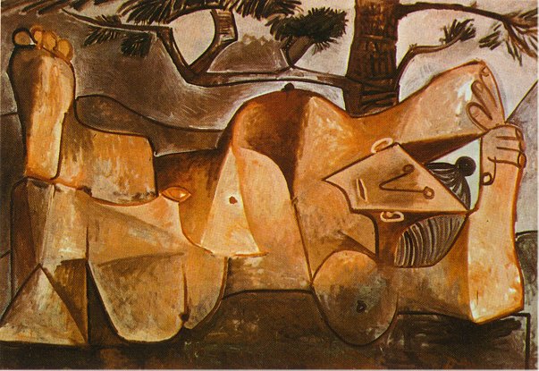 Lying female nude under the pine tree