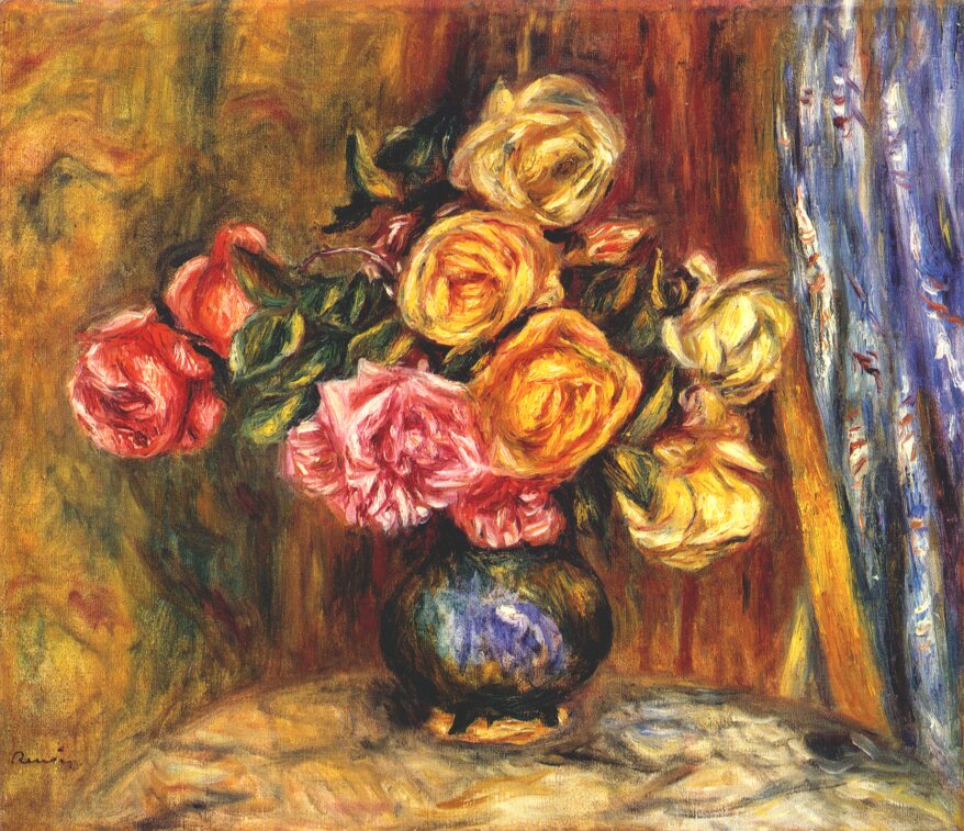Roses in front of a blue curtain