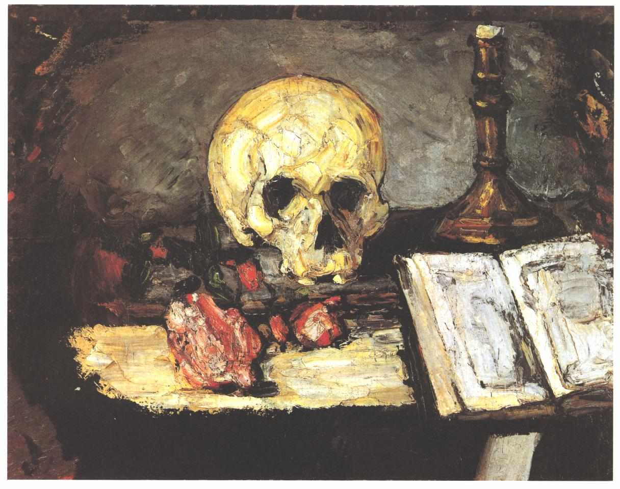 Still life with skull, candle and book