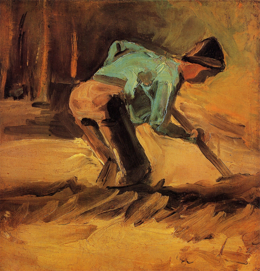 Man Stooping with Stick or Spade