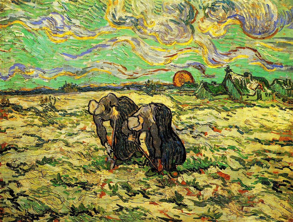 Two Peasant Women Digging in Field with Snow