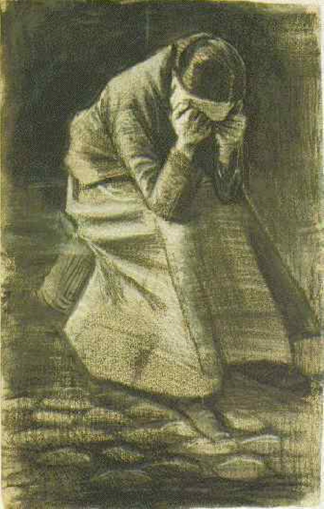 Woman Sitting on a Basket with Head in Hands