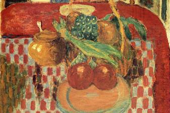 Basket and Plate of Fruit on a Red Checkered Tablecloth