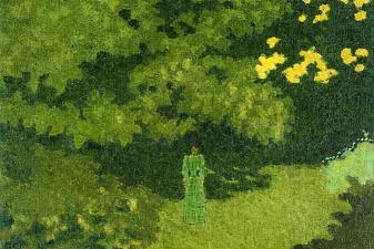 Woman in a Green Dress in a Garden
