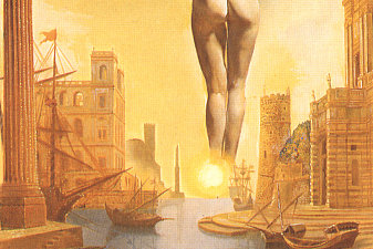 Dali‘s Hand Drawing Back the Golden Fleece in the Form of a Cloud to Show Gala,Completely Nude,the Dawn,Very,Very Far Away Behind the Sun