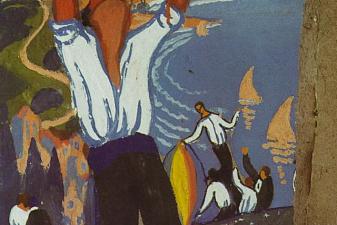 Man Holding Up a Baby as Though He Were Drinking from a Bottle