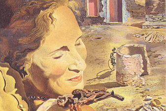 Portrait of Gala with Two Lamb Chops Balanced on Her Shoulder