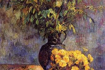 Two vases of flowers and a fan