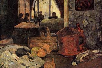 Still life of onions and pigeons and room interior in Copenhagen