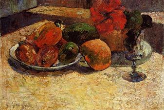 Still life with mangoes and hibiscus