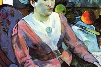 Portrait of woman against the Cezanne‘s still life with apples