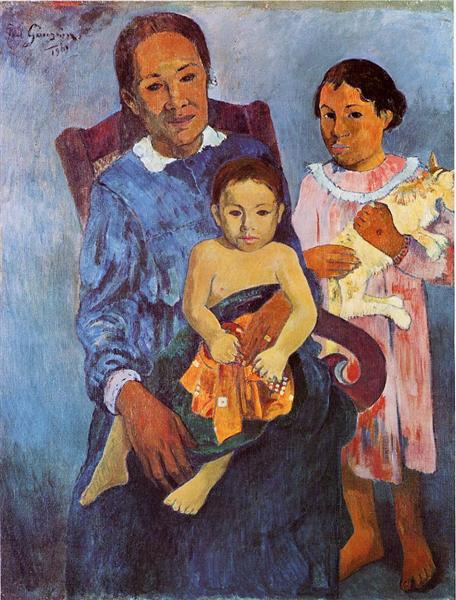 Tahitian woman and two children 