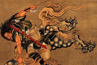 Shoki riding a shishi lion