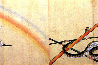 Snake curling around a bamboo stalk with a sparrow on it