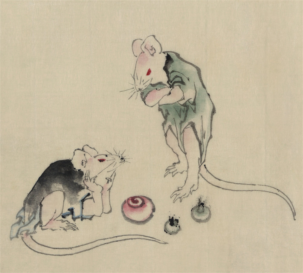 Two mice, one lying on the ground with head resting on forepaws 两只老鼠