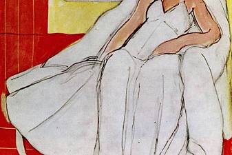 Girl with White Robe on Red Background