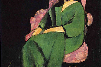 Lorette in a Green Robe against a Black Background