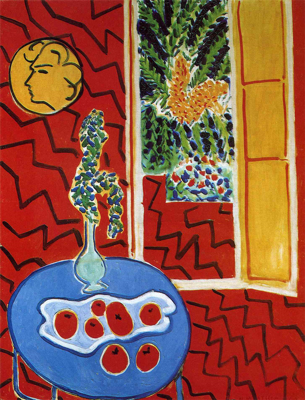 Red Interior. Still Life on a Blue Table 