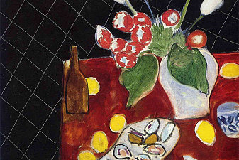 Tulips and oysters on a black background