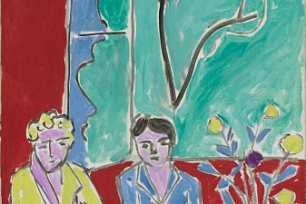 Two Girls, Red and Green Background