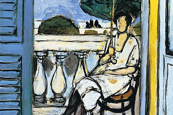 Woman with a Green Parasol on a Balcony