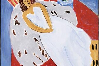 Young Woman in White, Red Background