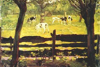 Calves in a Field Bordered by Willow Trees