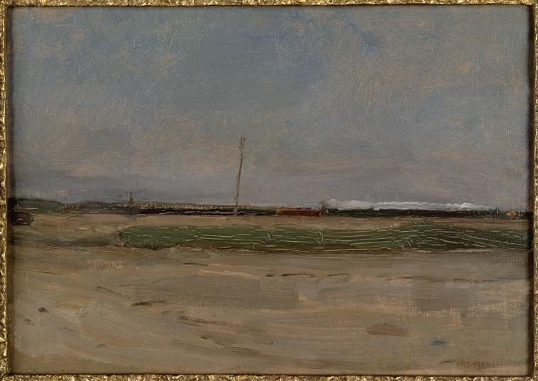 Polder Landscape with a Train and a Small Windmill on the Horizon 