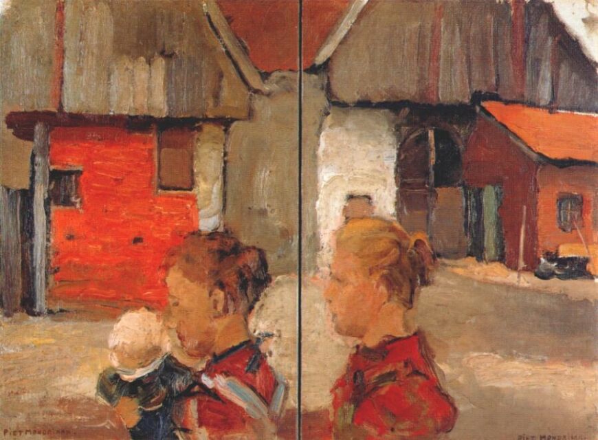 Woman and child in front of a farm 