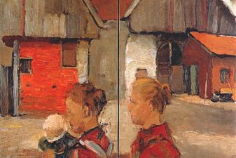 Woman and child in front of a farm