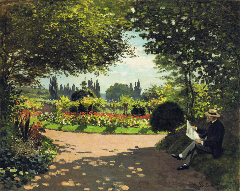 Adolphe Monet Reading in the Garden 