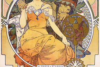 Art nouveau color lithograph poster showing a seated woman clasping the hand of a Native American
