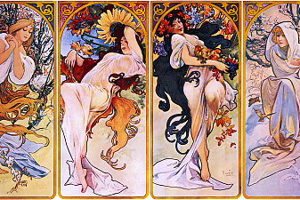 Cropped print of four panels each depicting one of the four seasons personified by a woman