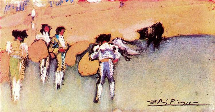 Bullfighters and bull waiting for the next move 