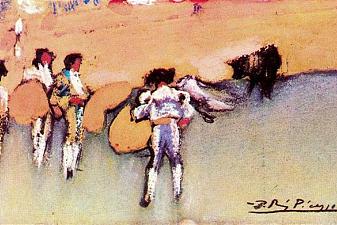 Bullfighters and bull waiting for the next move