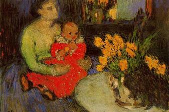 Mother and child behind the bouquet of flowers