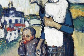 The mother leading two children